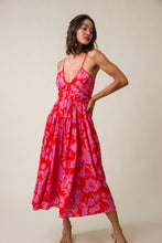 Load image into Gallery viewer, A stunning red floral midi dress by Line and Dot, perfect for summer. Embrace your adventurous spirit with this bold and daring fashion statement!
