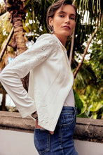 Load image into Gallery viewer, A soft foiled suede jacket with a guipure floral appliqué and statement studs. Fastens with a hook-and-eye closure for easy wearability.
