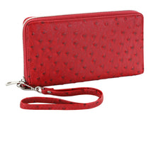 Load image into Gallery viewer, A red ostrich leather wallet with a zipper and wrist strap, designed to protect against RFID scanning.
