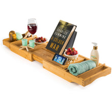 Load image into Gallery viewer, Bamboo bathtub caddy with extendable sides, mobile device tray &amp; integrated wine holder for a luxurious spa-like experience at home.
