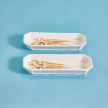 Load image into Gallery viewer, Versatile ceramic dishes for corn or appetizers like nuts and olives. White with bamboo design for a stylish addition to any table setting.
