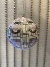 Load image into Gallery viewer, White Decoupage Baubles inspired by Dior J'adore for Christmas. Shiny, beautifully illustrated, hung on white organza ribbon.
