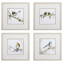 Load image into Gallery viewer, Colorful bird prints double matted, framed under glass, paired with white wash wood tone frame. Sold separately or as set of four.
