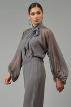 Load image into Gallery viewer, Stylish Tie-Neck Raglan Blouse from Lola &amp; Sophie: chic and sassy with see-through arms, a neck tie for a fun touch. Spice up your wardrobe and wow everyone!
