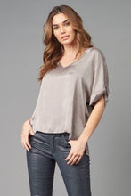 Load image into Gallery viewer, Silver lightweight satin top from Lola &amp; Sophie with V-neck and relaxed drop shoulder.
