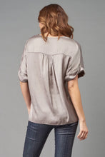 Load image into Gallery viewer, Luxe essential: Lola &amp; Sophie silver satin top with V-neck and drop shoulder.
