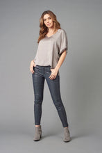 Load image into Gallery viewer, Lola &amp; Sophie's silver satin top: luxe essential with V-neck and relaxed drop shoulder.
