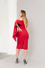 Load image into Gallery viewer, Stand out in the Delilah Cocktail Dress Red by Posh Couture - one shoulder overlay, bold color choice.
