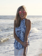 Load image into Gallery viewer, Blue and white printed ruched halter top by Lola &amp; Sophie. Vibrant colors and dramatic ruching for a sophisticated summer look.
