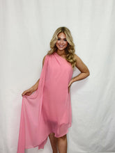 Load image into Gallery viewer, Dusty pink one shoulder chiffon cocktail dress by Posh Couture, a graceful and timeless statement piece.
