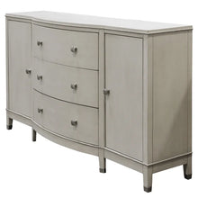 Load image into Gallery viewer, A sleek chest in smokey gray with three drawers and two side cabinets. Measures 68in wide, 38in tall, and 18in deep.
