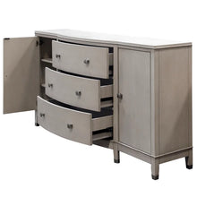 Load image into Gallery viewer, Chic chest in smokey gray featuring three drawers and two side cabinets, dimensions: 68in W x 38in H x 18in D.
