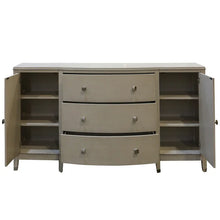 Load image into Gallery viewer, Smokey gray chest with three drawers and two side cabinets. Measures 68in wide, 38in tall, and 18in deep.
