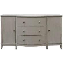 Load image into Gallery viewer, Stylish chest featuring a smokey gray finish, three drawers, and two side cabinets. Size: 68in W x 38in H x 18in D.
